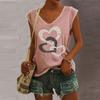Women's V-Neck T-Shirt Casual Sleeve Vest Love Print Loose Blouse Tank Tops