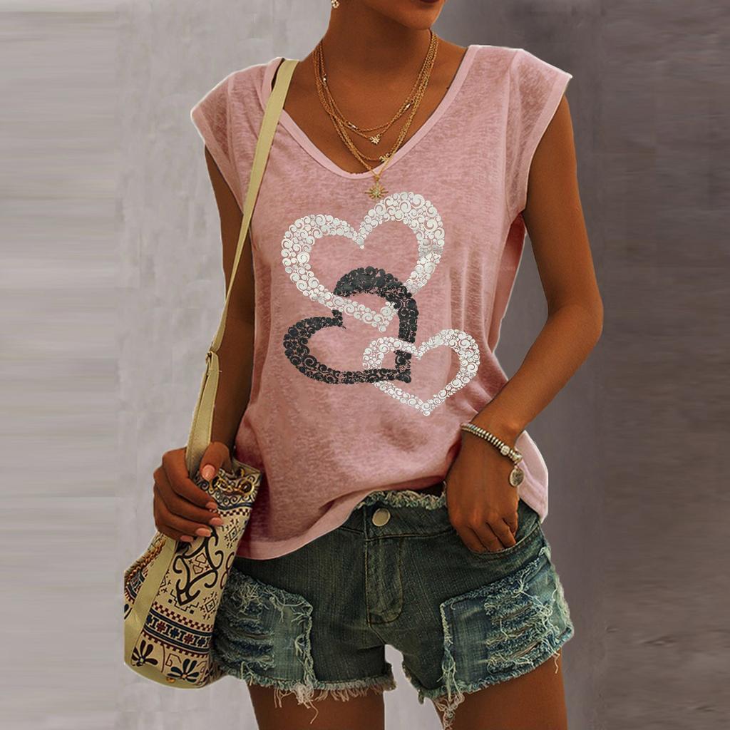 Women's V-Neck T-Shirt Casual Sleeve Vest Love Print Loose Blouse Tank Tops