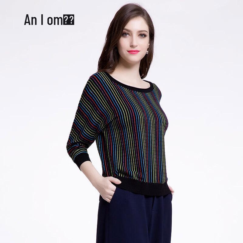 

Женский полосатый трикотажный пуловер Anlom с круглым вырезом и рукавами семь восьмых B703031 5XL