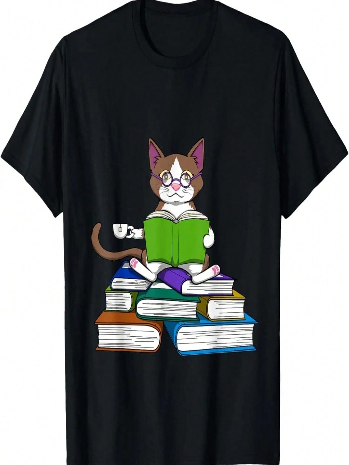 Cat On A Pile Of Books With Tea - Booklover & Catlover T-Shirt S разноцветный