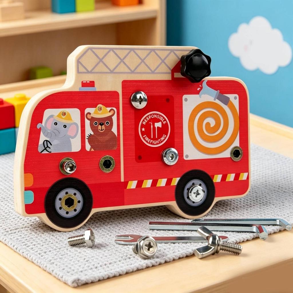Nut Assembly Toy Threaded Holes Wooden Fire Truck Red Printed ScrewandNut Play Board