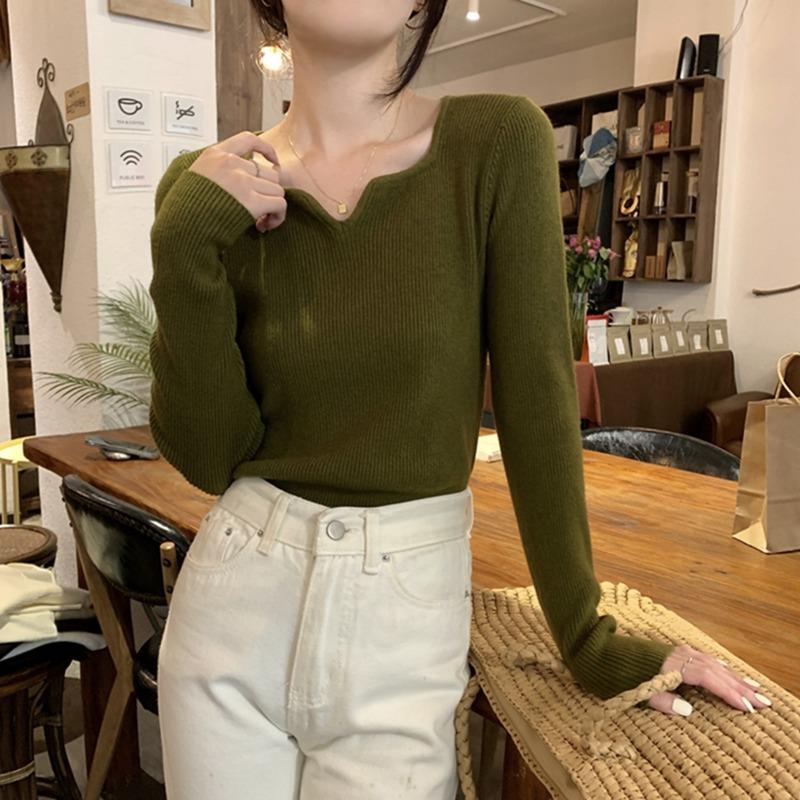 Fashion Square Collar Inner Knitted Pullover Bottoming Sweater Autumn Winter Slim Fit Office Loose Tops Knitwear V Neck Solid Basic Sweet Clothing