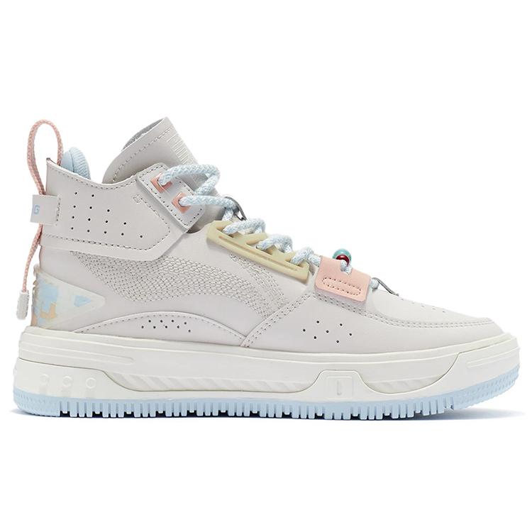 New LiNing Anti Slip And Wear Resistant Height Increasing Mid Top Skateboard Shoes Women's White Sand Gray AGCR430-4