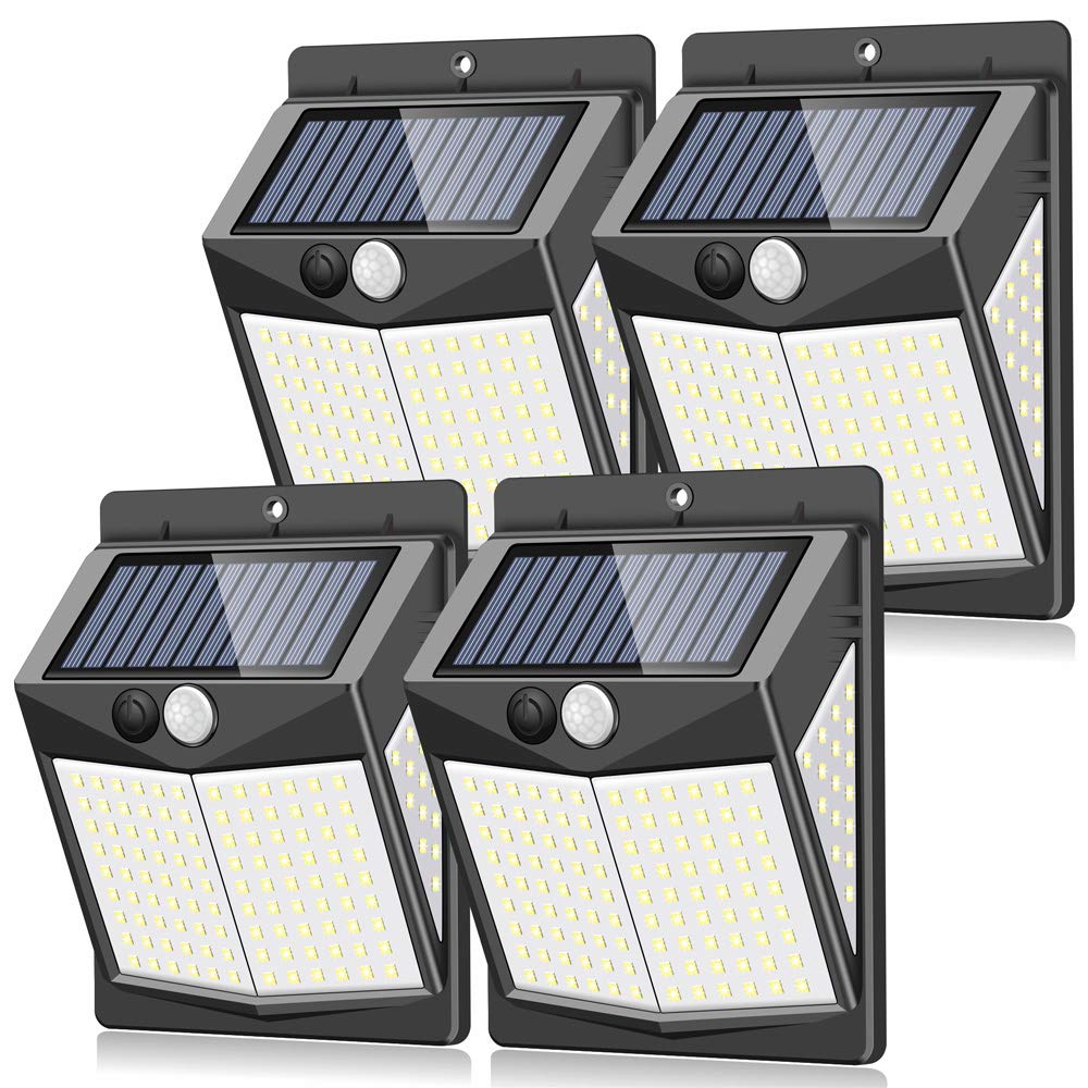 

[Set of 4] ZEEFO Solar Sensor Lights, 140 LEDs, Outdoor Lighting, Security, Waterproof, Four-Sided Illumination, Single Mode, Automatic OnOff, Solar