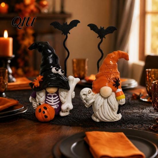 Spiders Bats Pumpkin Figurines Halloween Gnome Figurine, Small Resin Dwarf Table Decoration, Spooky Yard Decoration Bat Skull Statue for Tiered Tray,