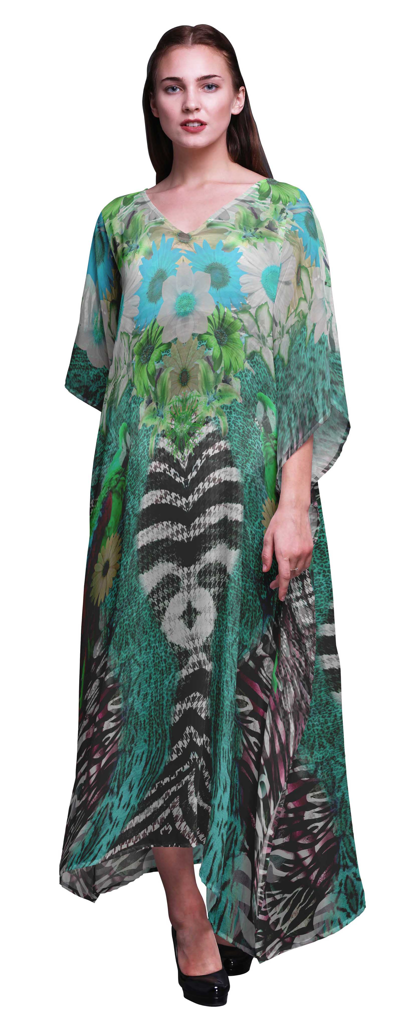

Phagun Floral & Animal Skin Womens Long Beach Kaftan Beachwear Bikini Coverup Maxi XL-3X бірюзові зелений колір