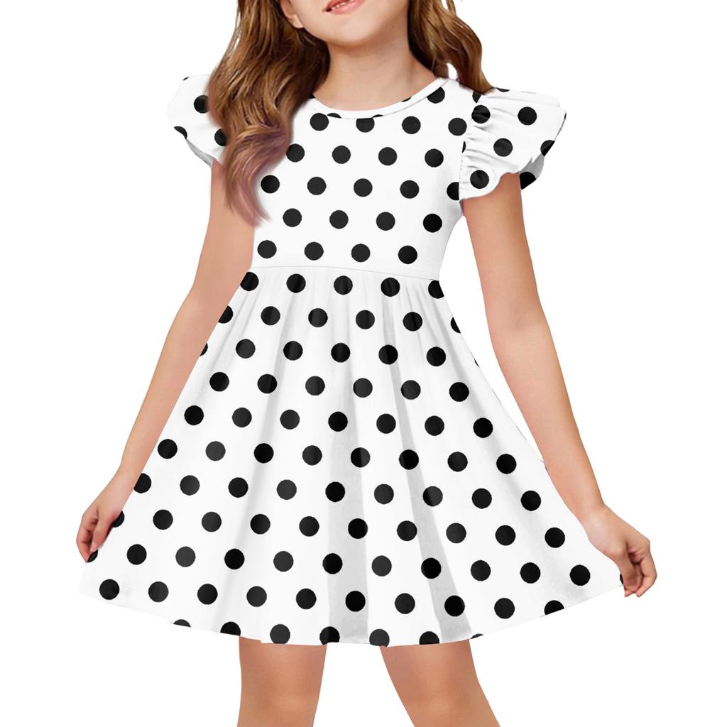 Girls Short Sleeve Ruffle Polka Dot Dress Soft Cotton Crewneck Casual A Line Dress for Kids Summer Outfits
