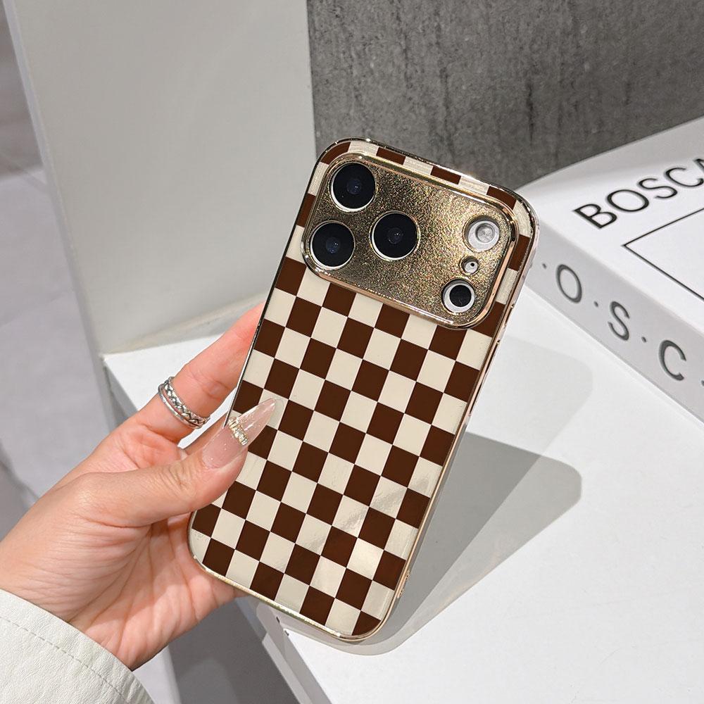 

Lucky Start Phone Case For iPhone 17 16 15 14 13 12 Pro Max 16E Gold Electroplated glass shell Brown and Beige Checkerboard Cover IPHONE17PRO