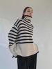 Women's Black & White Striped Turtleneck Sweater – Loose, Warm, Slit Pullover for Spring & Autumn, Trendy Inner Wear.