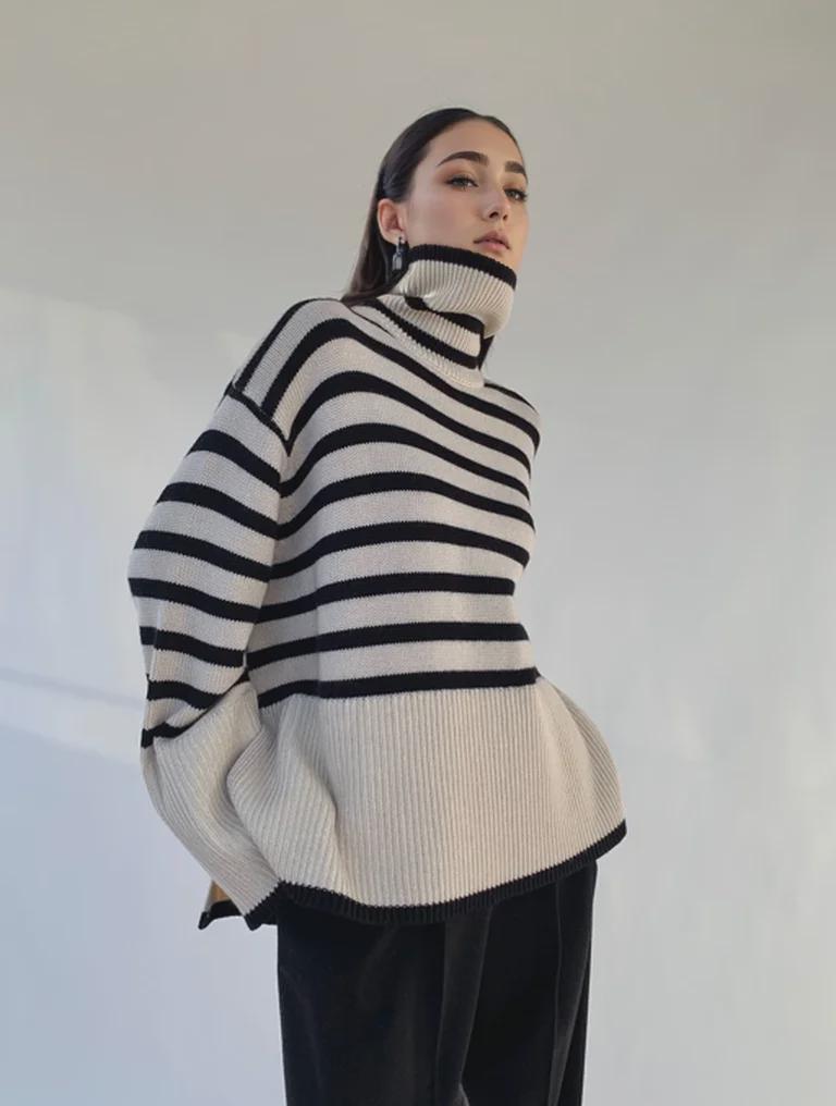 Women's Black & White Striped Turtleneck Sweater – Loose, Warm, Slit Pullover for Spring & Autumn, Trendy Inner Wear.
