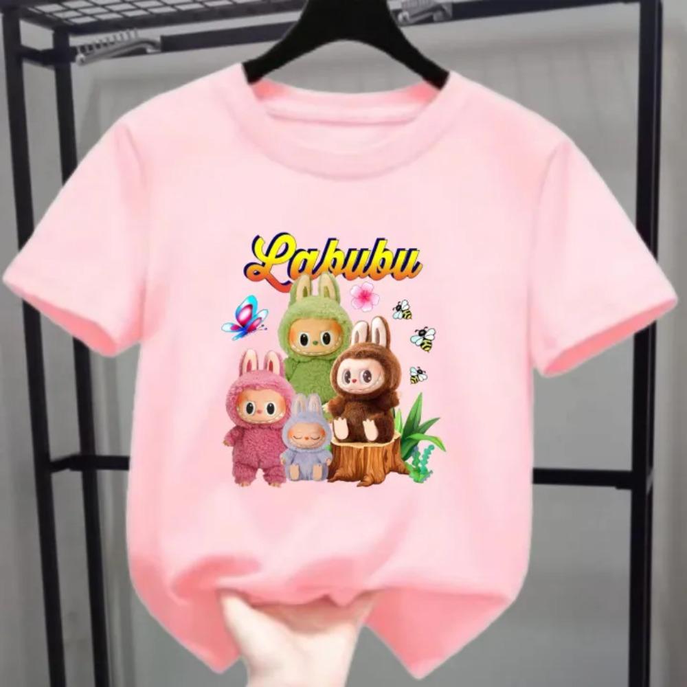 New Labubu Children's T-shirt LABUBU with Cute Butterfly Cartoon Pattern Girl Round Neck Short Sleeved Casual Versatile Clothing