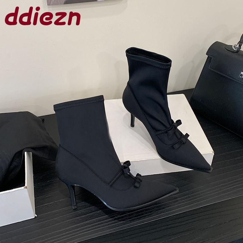 Fashion Fashion Elastic Women Ankle Stretch Boots Heels Shoes Butterfly-Knot Female Pointed Toe Ladies Modern Boots Slip On Shoes