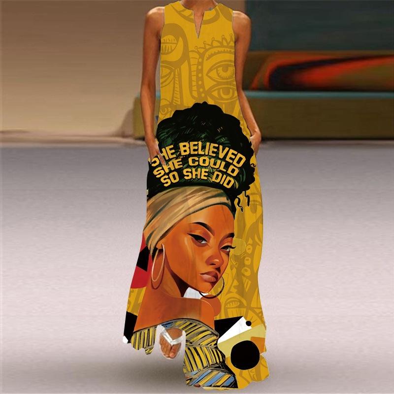 Women's V Neck Sleeveless Maxi Dress Loose Fit Elastic Waist Ethnic Vintage African Figure Print Long Dress