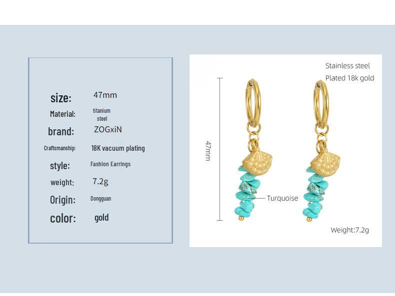 European & American 18k Gold Stainless Steel Blue Turquoise Fan-Shaped Drop Earrings
