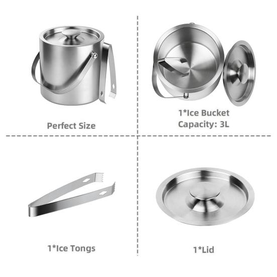 Stainless Steel Ice Bucket with Lid And Tongs 2/3L Large Capacity Double Wall Insulated Ice Bucket for Parties Wine Champagne Cocktails Home Bar