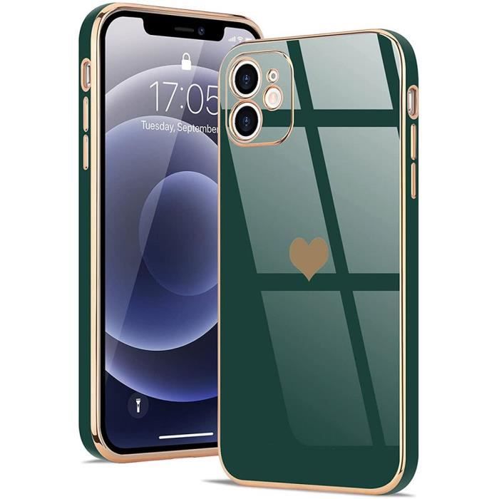 Coque de protection - Luxe - iPhone 12 - Vert nuit - Motif coeur - Souple TPU