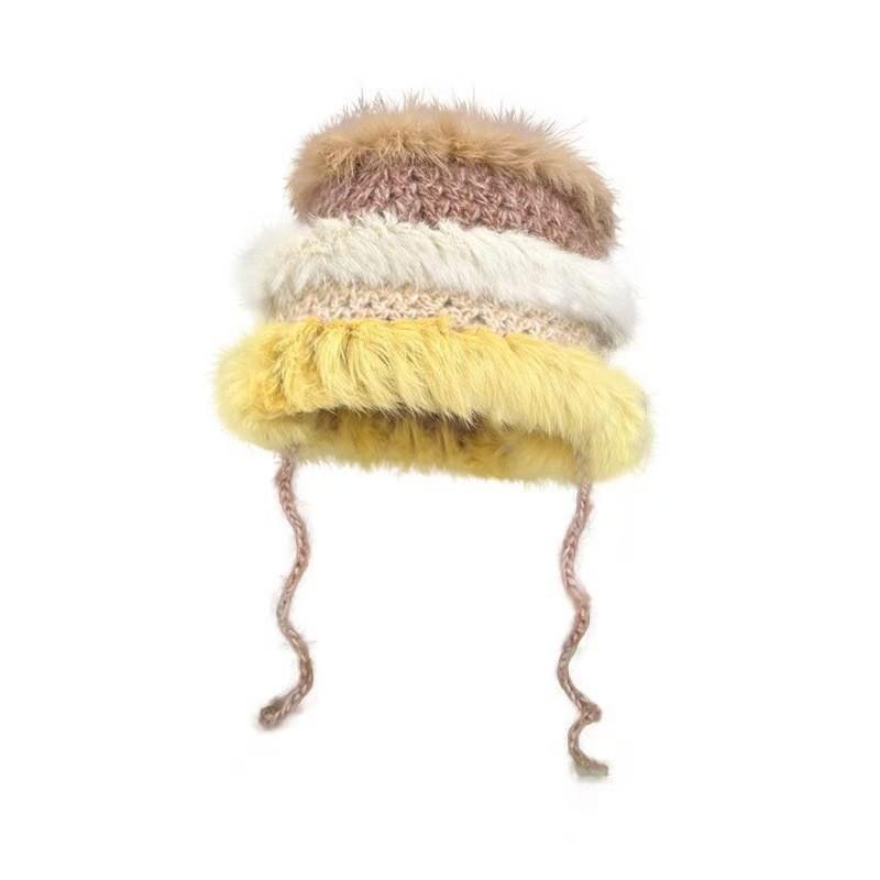 Cartoon Style Wool Beanie With Plush Fur Material And Adjustable Fit For Casual Wear
