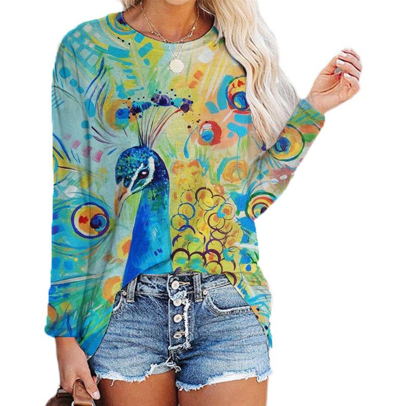 

Spring Autumn New Splice Loose Long Sleeve T-Shirts For Women Hot Sale O-Neck Pullover 3D Printing Casual Fashion Clothing 3XL