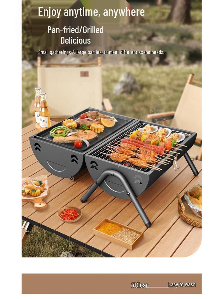Portable Double-Sided Charcoal Grill - Outdoor Folding BBQ Rack for Camping and Home Use.