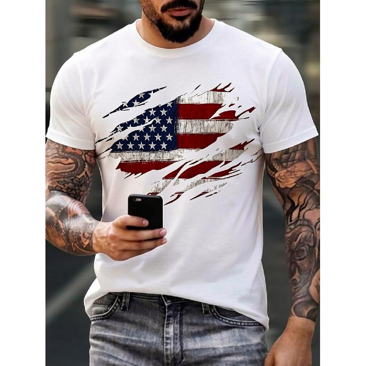 Men's American Flag T-Shirt - Quick-Dry Breathable Fabric, Loose Fit Short Sleeve with 3D Flag Print, Round Neck Casual & Sportswear Suitable for