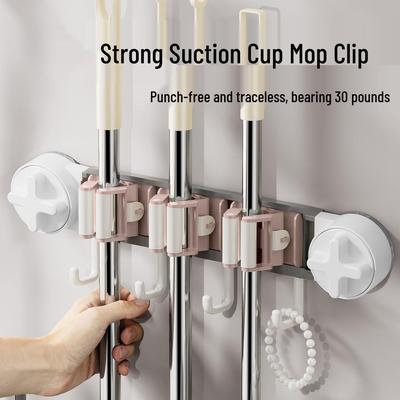 Wall-Mounted Suction Cup Mop & Broom Holder - No Drilling, Light Luxury Storage