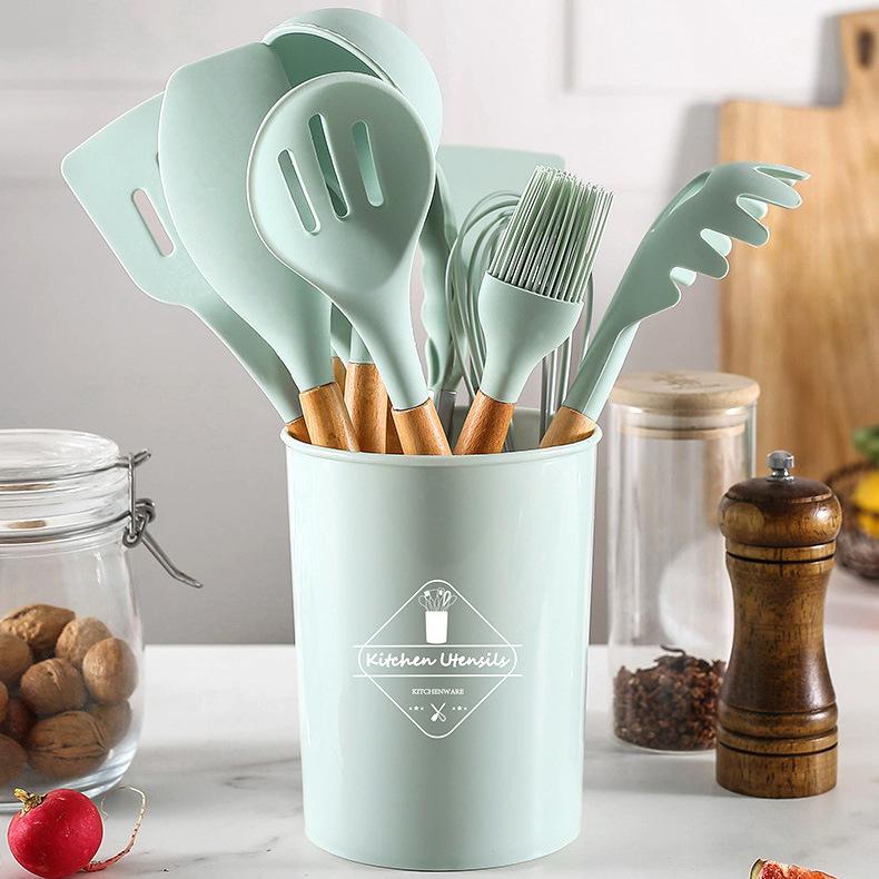 Silicone wooden handle kitchenware set 12-piece set High temperature resistant non-stick pan Scoop clip Kitchenware bucket Baking utensils