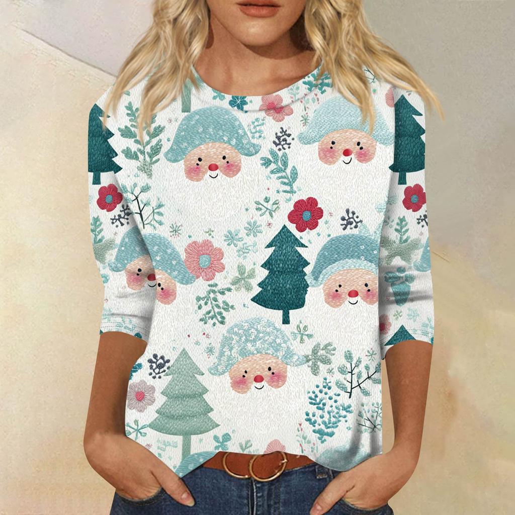 Moda damska Casual Okrągły dekolt Rękaw 3/4 Luźny T-Shirt z nadrukiem Damski top