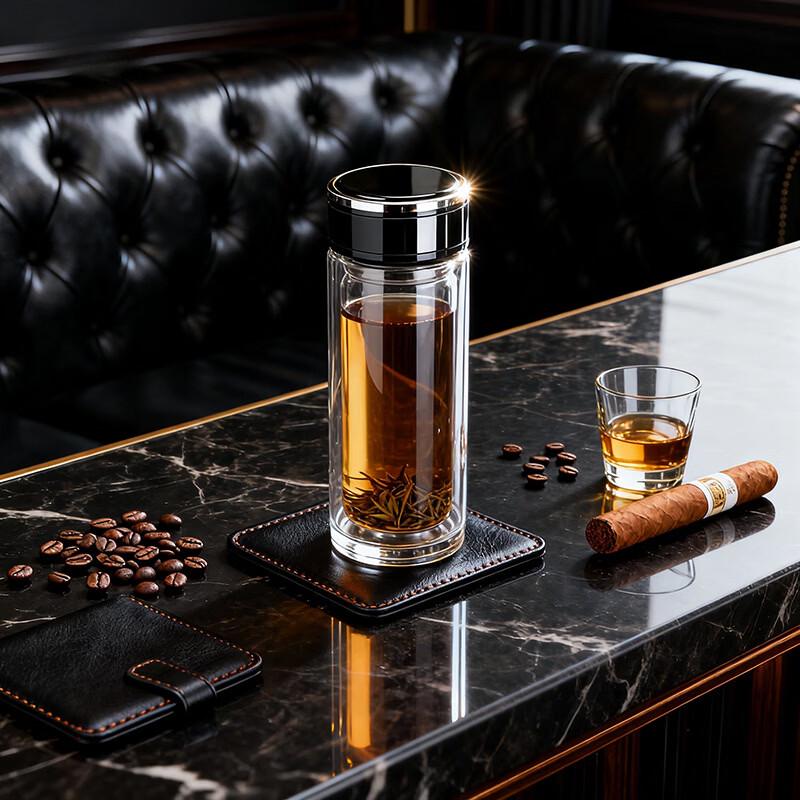 Handun 400ml Double-Layer High Borosilicate Glass Cup with Wood Grain and Tempered Bottom