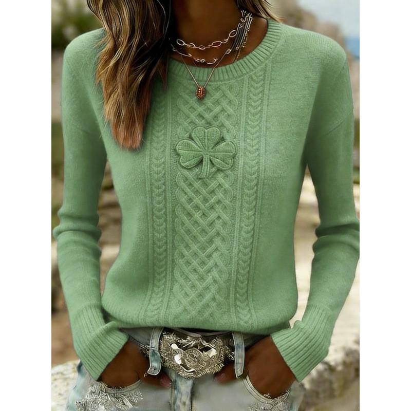 2026 Womens Oversized Knit-Style Crewneck Sweatshirt With 3D Clover Print Thick Warm Streetwear Top