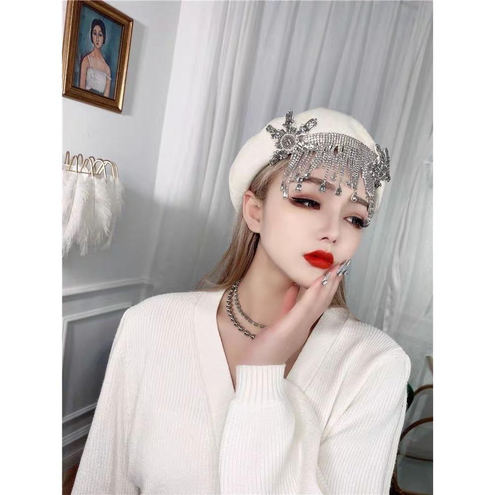 Dámské klobouky Originální Podzimní a Zimní Módní Retro Nádherný Lesklý Křišťál Dlouhý Střapec Haute Couture Vlna Malířský Baret