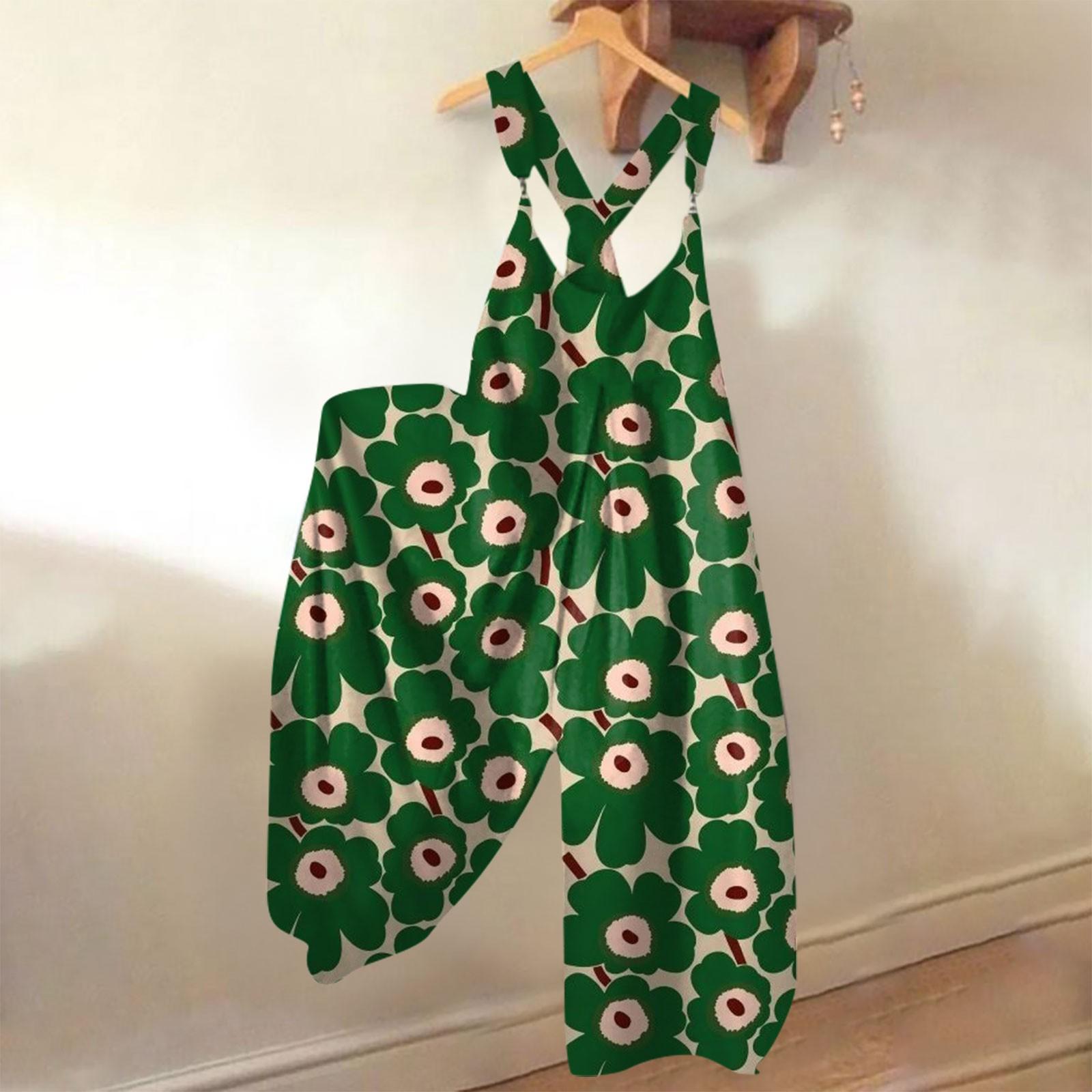 

Широкие комбинезоны для женщин, повседневные свободные комбинезоны без рукавов, ретро-принт, металлические пуговицы, длинные брюки, комбинезон с карманами XL зелёный