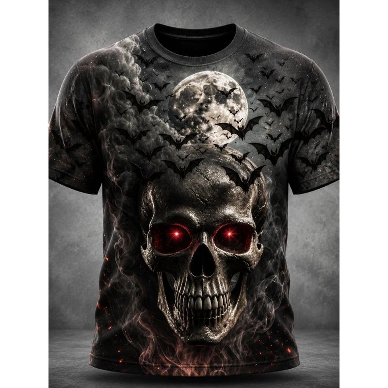 Men's Casual Round-Neck Short-Sleeve T-Shirt Trendy Men's Top with Flame and Skull Print  Shirt for Holiday Parties