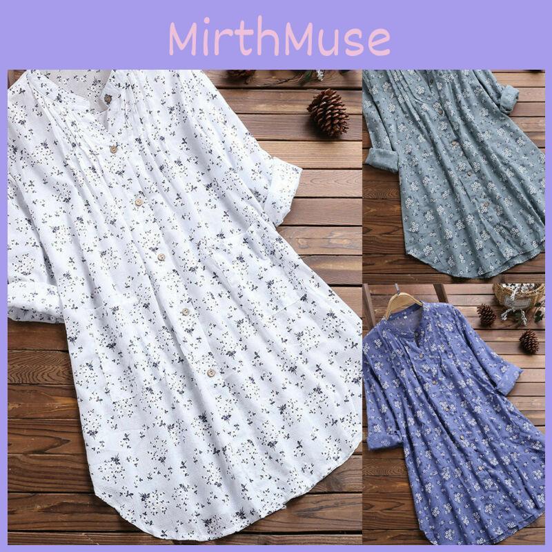 Elegant Women V-neck Long Sleeve Flower Print Linen Shirt Ladies Casual Loose Blouse Top