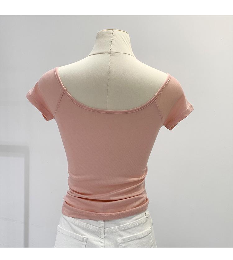 Korean Sweet & Spicy Lace Large Neckline Slim T-Shirt – Women's Summer 2024 Collection