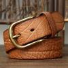 3.8CM Embossing Retro Cowboy Belt Male Genuine Leather Copper Pin Buckle Belt for Jeans Men Waist