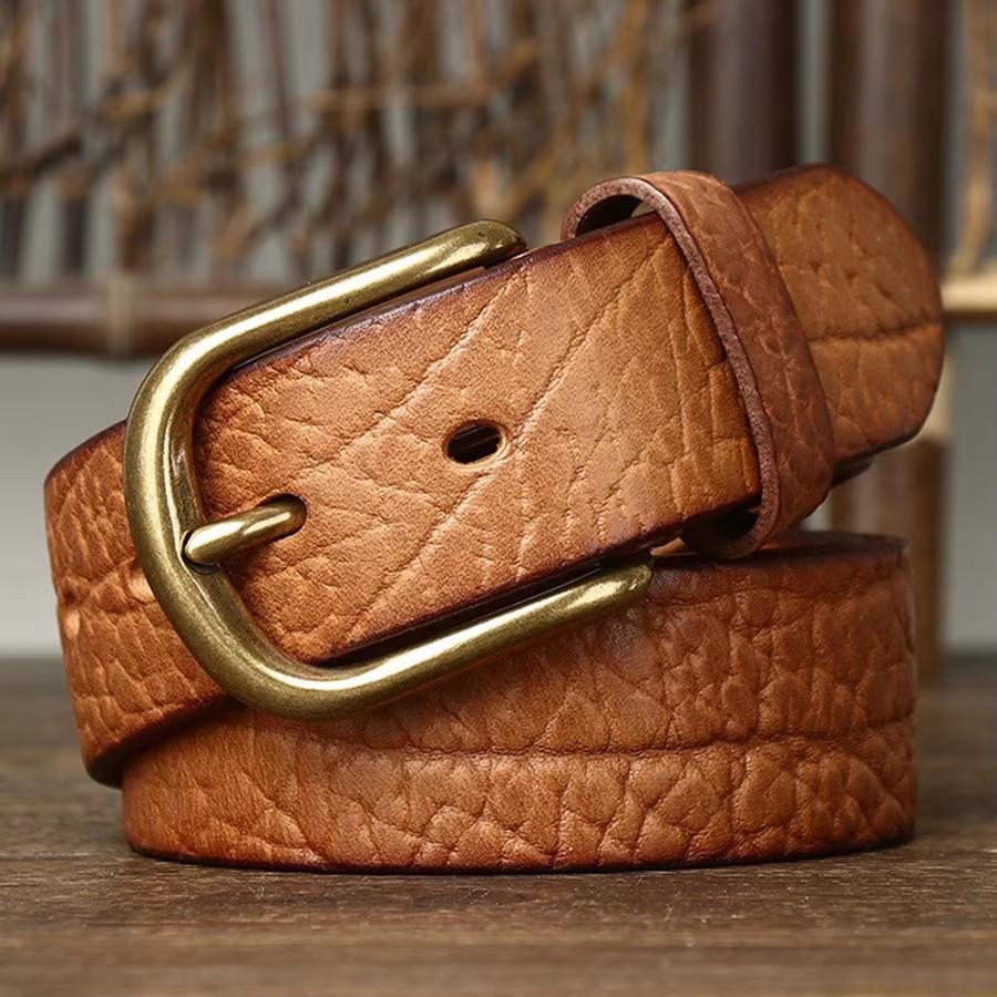 3.8CM Embossing Retro Cowboy Belt Male Genuine Leather Copper Pin Buckle Belt for Jeans Men Waist