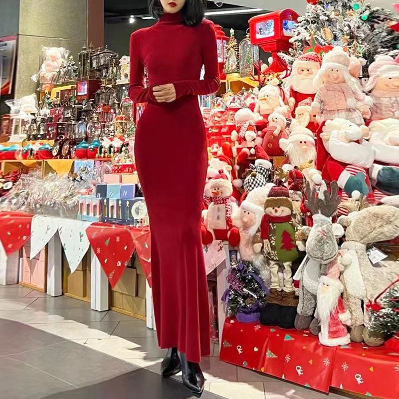 Soft, Gentle High-Neck Knitted Fishtail Sweater Dress with Long Sleeves