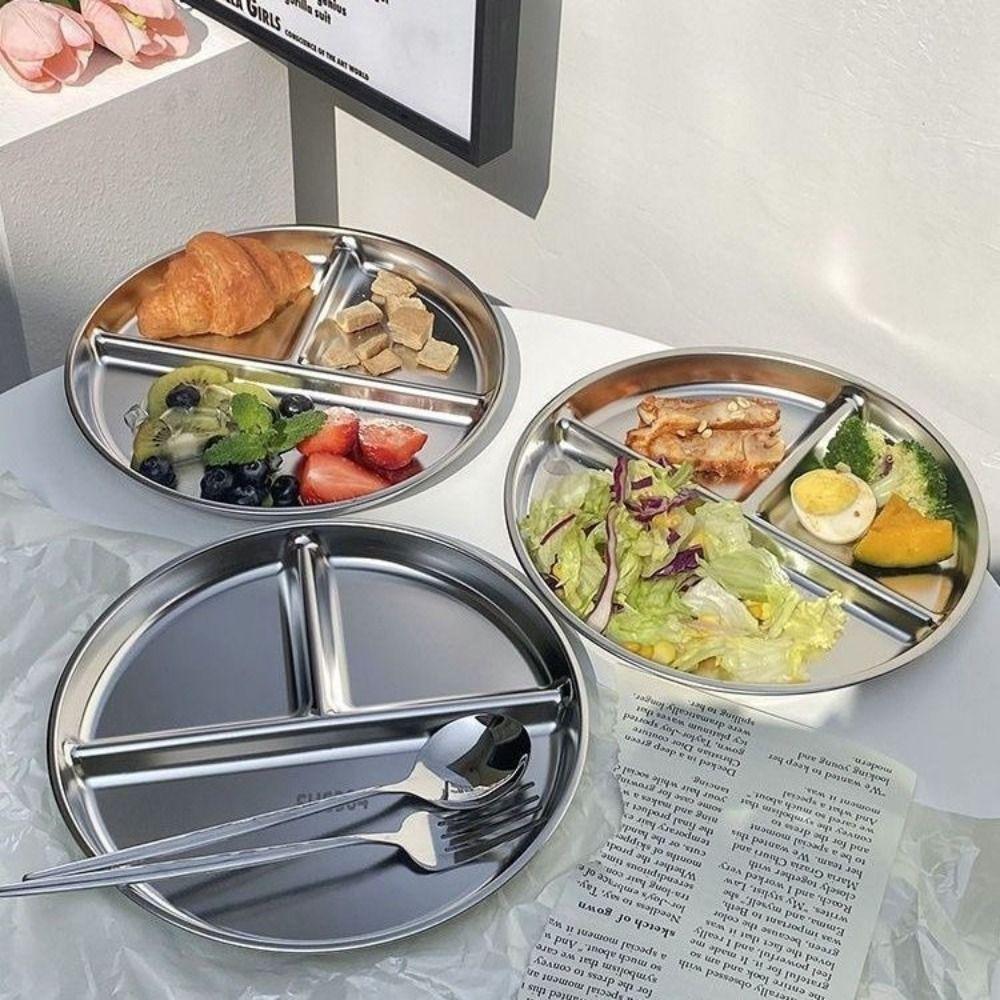 304 Stainless Steel Divided Plates 9" Inch Food Trays Salad Barbecue Plate  for Adults Kids
