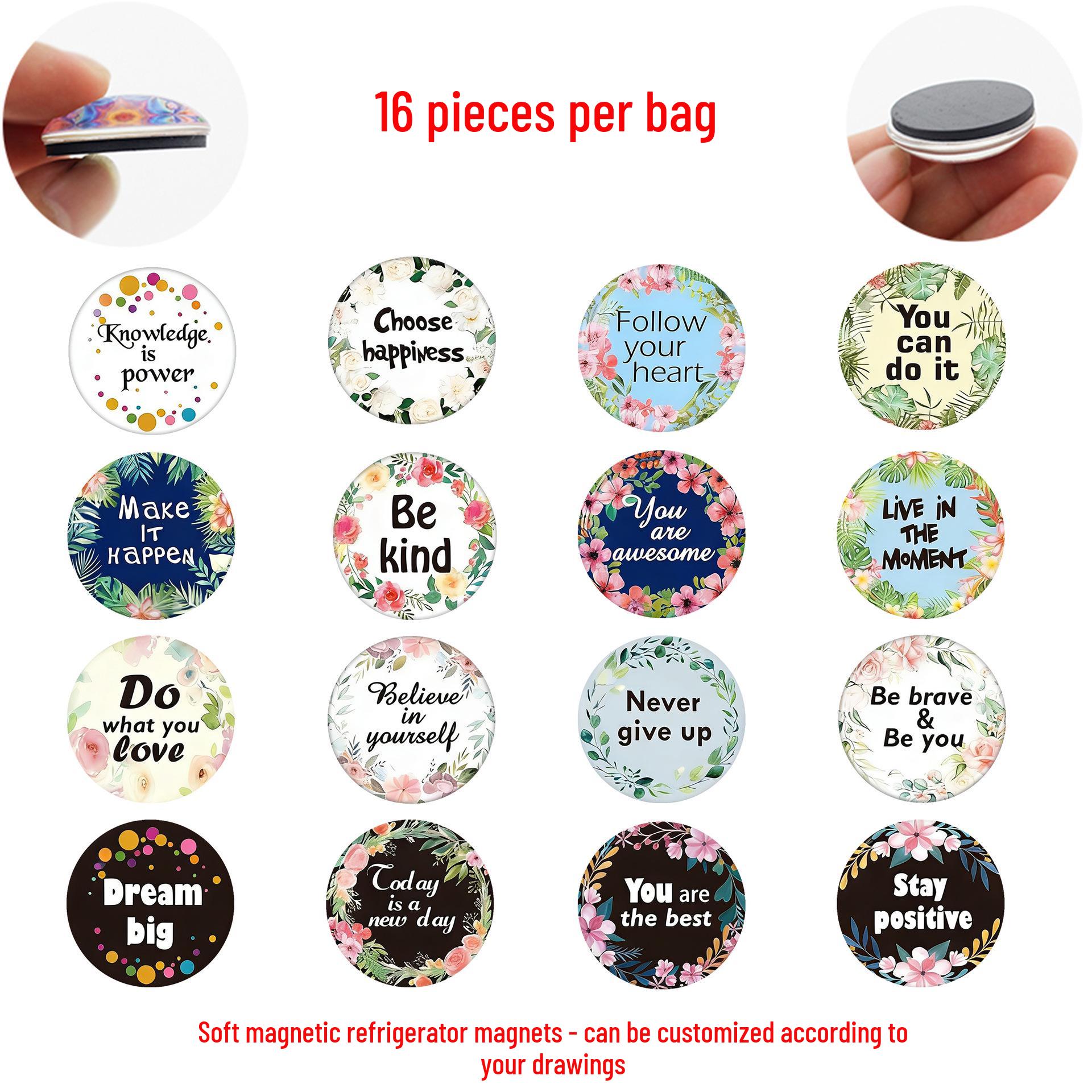 

Fresh Healing Flower Wreath: Motivational English Phrase Glass & Magnetic Fridge Stickers 16 pcs set, 25 mm magnet (SJB122)
