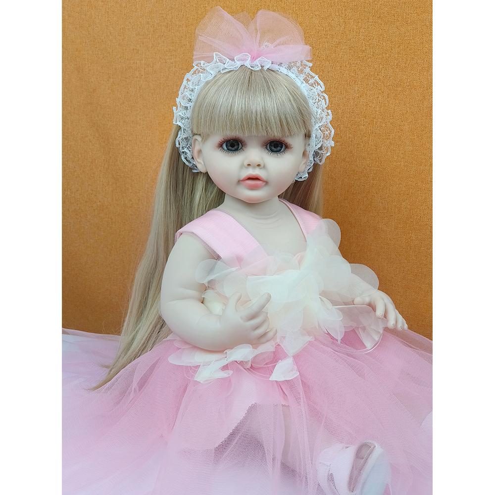 

22-дюймовая полностью силиконовая кукла Reborn для малышей, реалистичная мягкая на ощупь кукла высокого качества, подарки для детей с игрушкой с длинными волосами