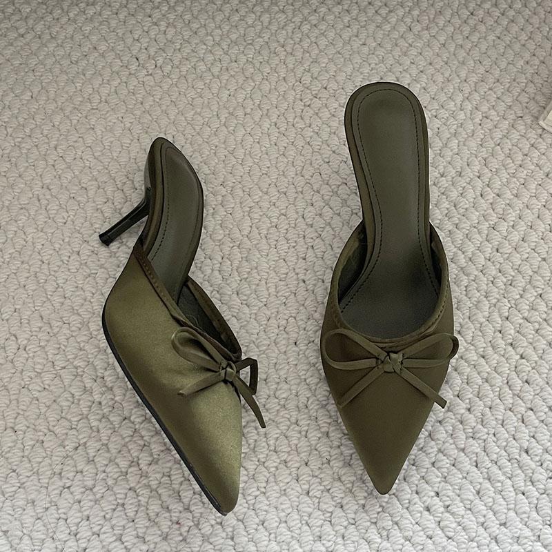 Fashion Big Size 43 Fashion Butterfly-Knot Ladies Heels Slippers Female Pointed Toe Slides Women Heeled Slippers Sandals Shoes Mules