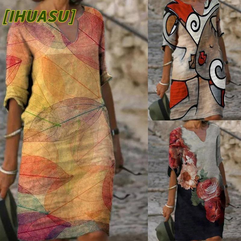 IHUASU Rochii Casual de Vară Primăvară la Modă cu Mânecă Scurtă și Decolteu în V