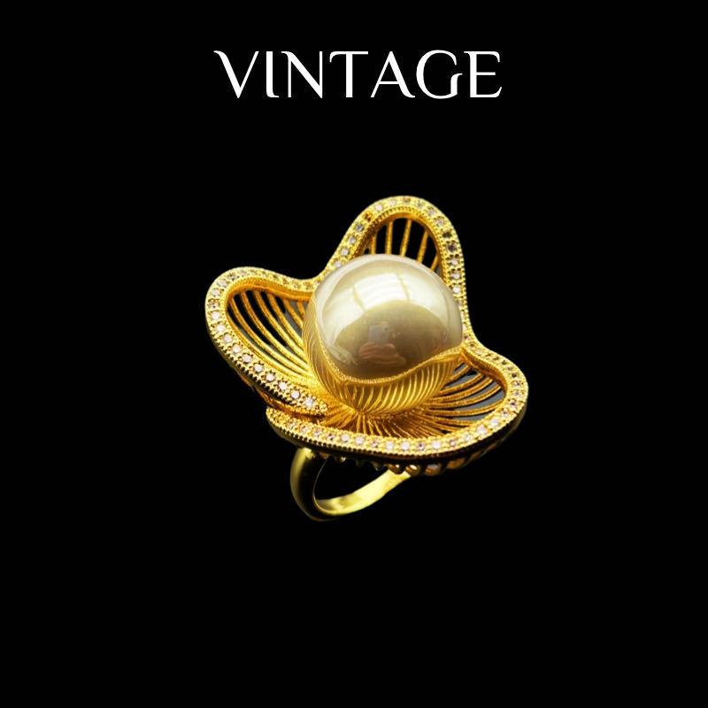 Copper Plated Real Gold Temperament High-end Design Elegant Hollow Pearl Full Zirconium Earrings Ring Jewelry Set