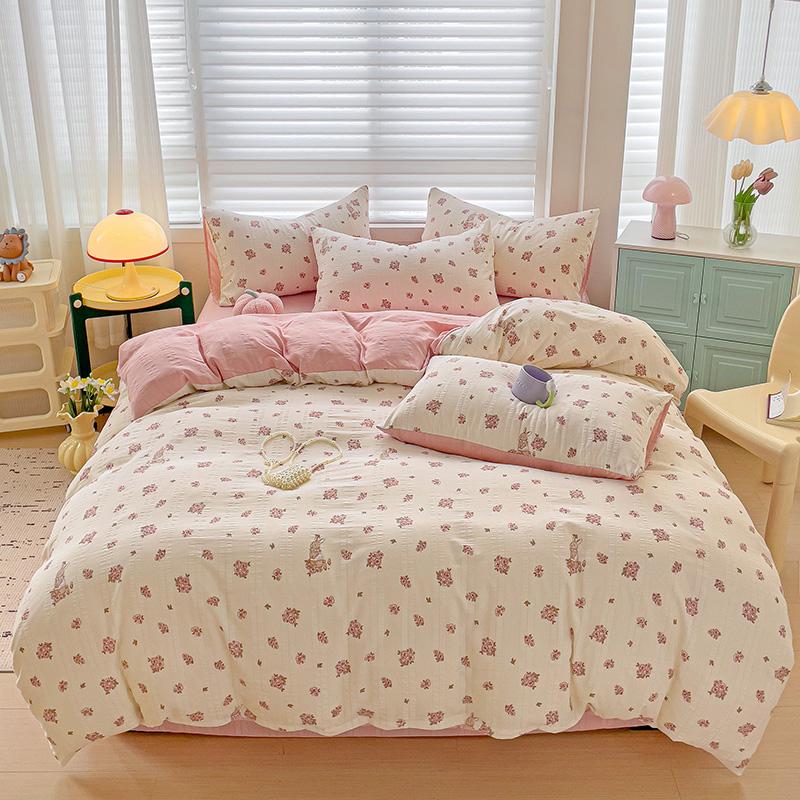 Flowers Bedding Set with Pillowcase Bed Sheet Single Full Size Bed Linen Washed Cotton Duvet Cover Set Queen/King Double Size