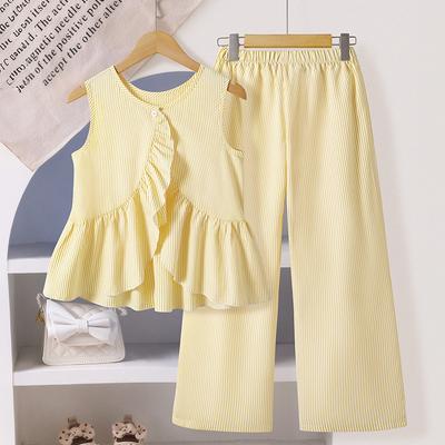 Girls' Casual Set 2025 Summer Children's Fashion Striped Sleeveless Sweet Ruffled Top Wide Leg Pants Set