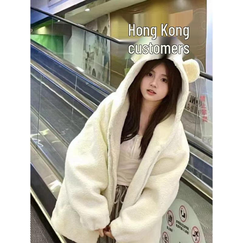 Slightly Plump Plus Size Lambswool Teddy Bear Coat with Black Bear Ears - Thick Fluffy Hooded Overcoat for Autumn and Winter