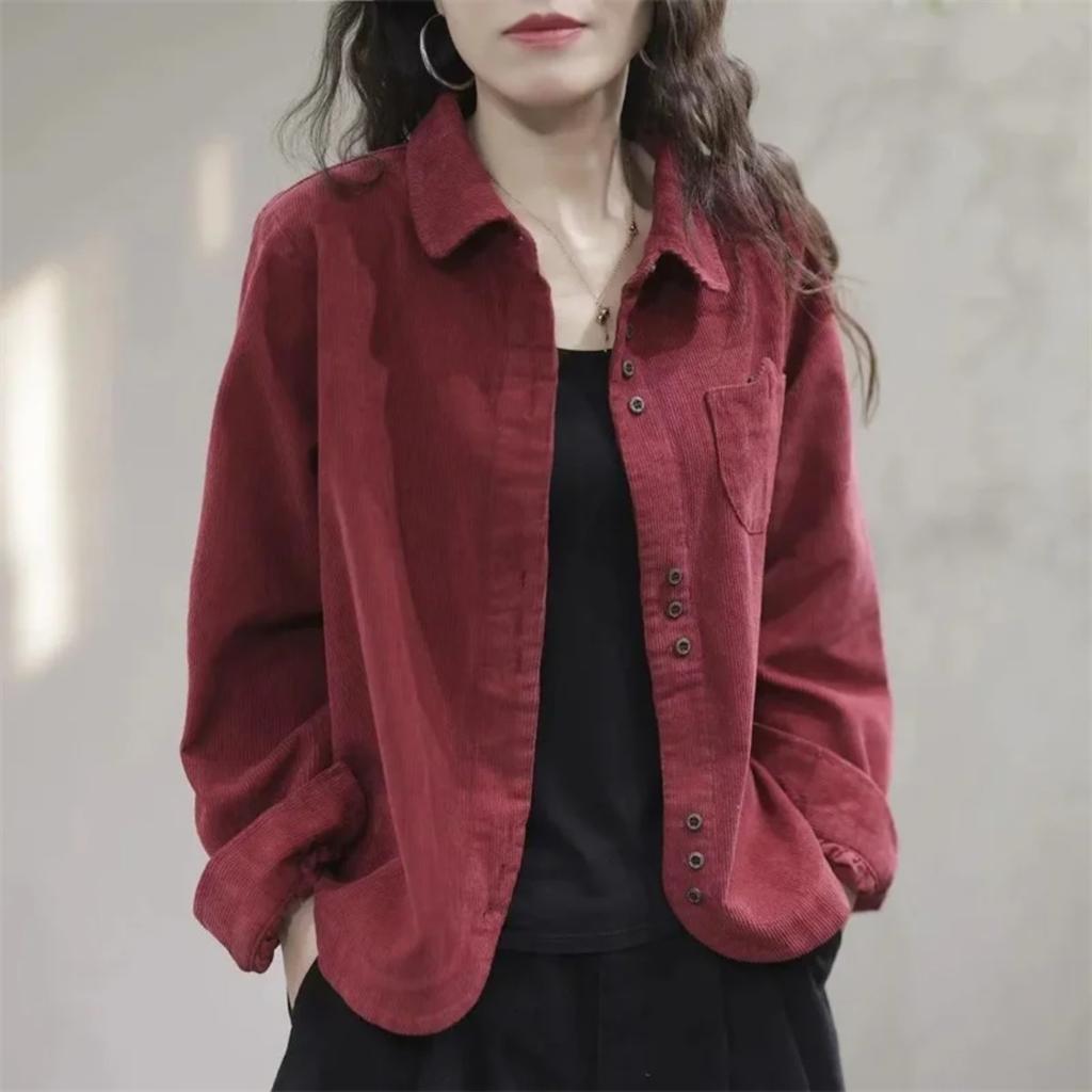 Spring Autumn New Shirt Fashion Art Leisure Long Sleeve Lapel Collar Corduroy Women's Shirt Cardigan Female Short Tops