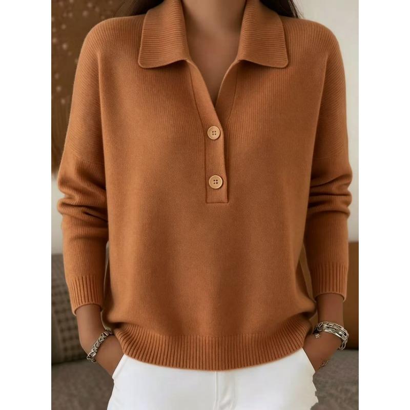 Damski sweter dzianinowy z kołnierzem, półotwarty na guziki, luźny, casualowy top