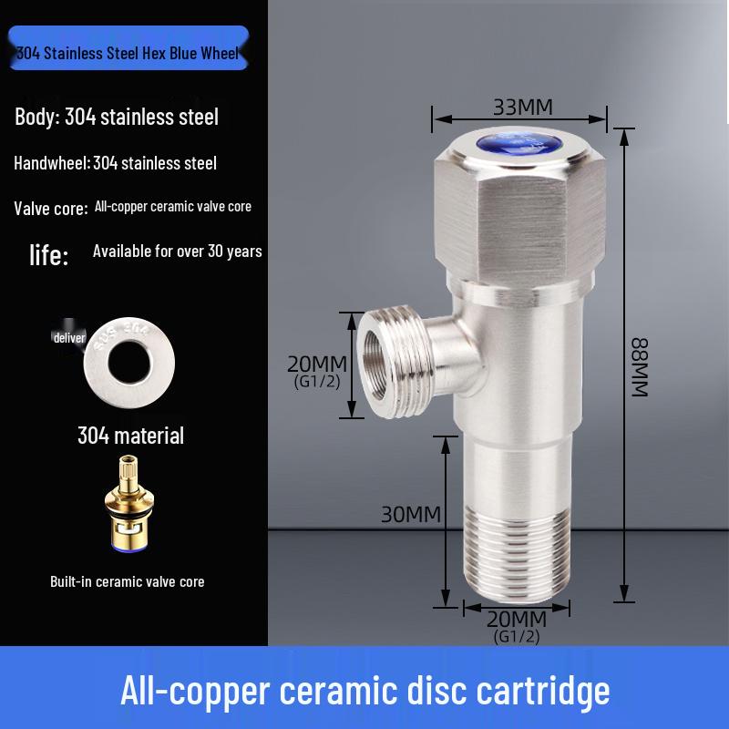 304 Stainless Steel Angle Valve for Cold/Hot Water, Universal 4-Point Household Stop Valve for Water Heaters and Toilets