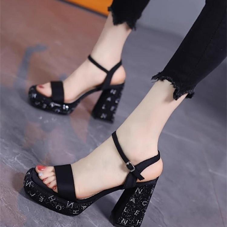 Women's Sandals Fashion Rhinestone High Heels Sandals Summer Square Toe Peep Toe Sandals for Women Crystal Banquet Party Sandal